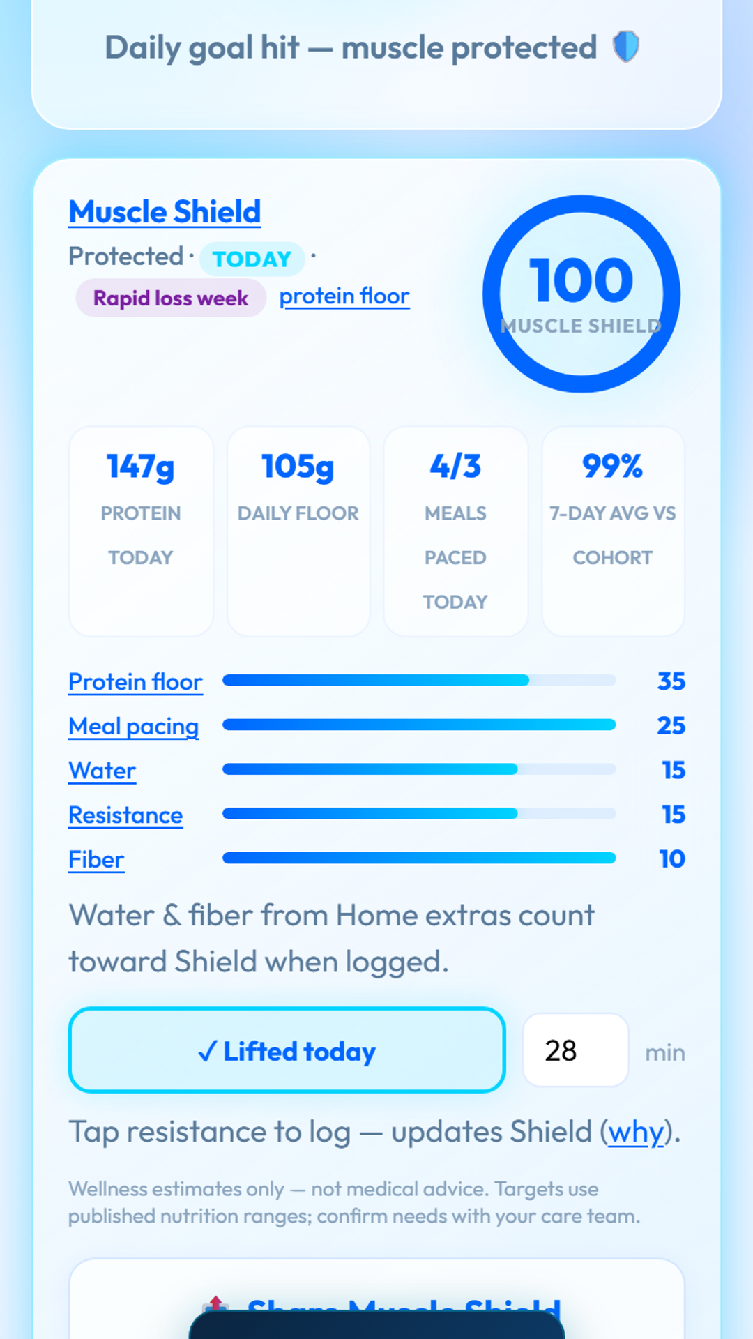 Protein Shot Muscle Shield app screen