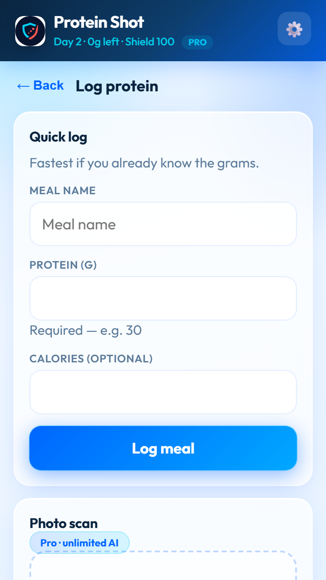 Protein Shot meal log screenshot
